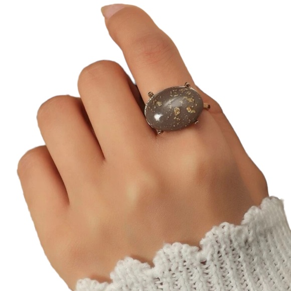 Speckled Gold Oval Brown Stone Ring - Picture 1 of 6